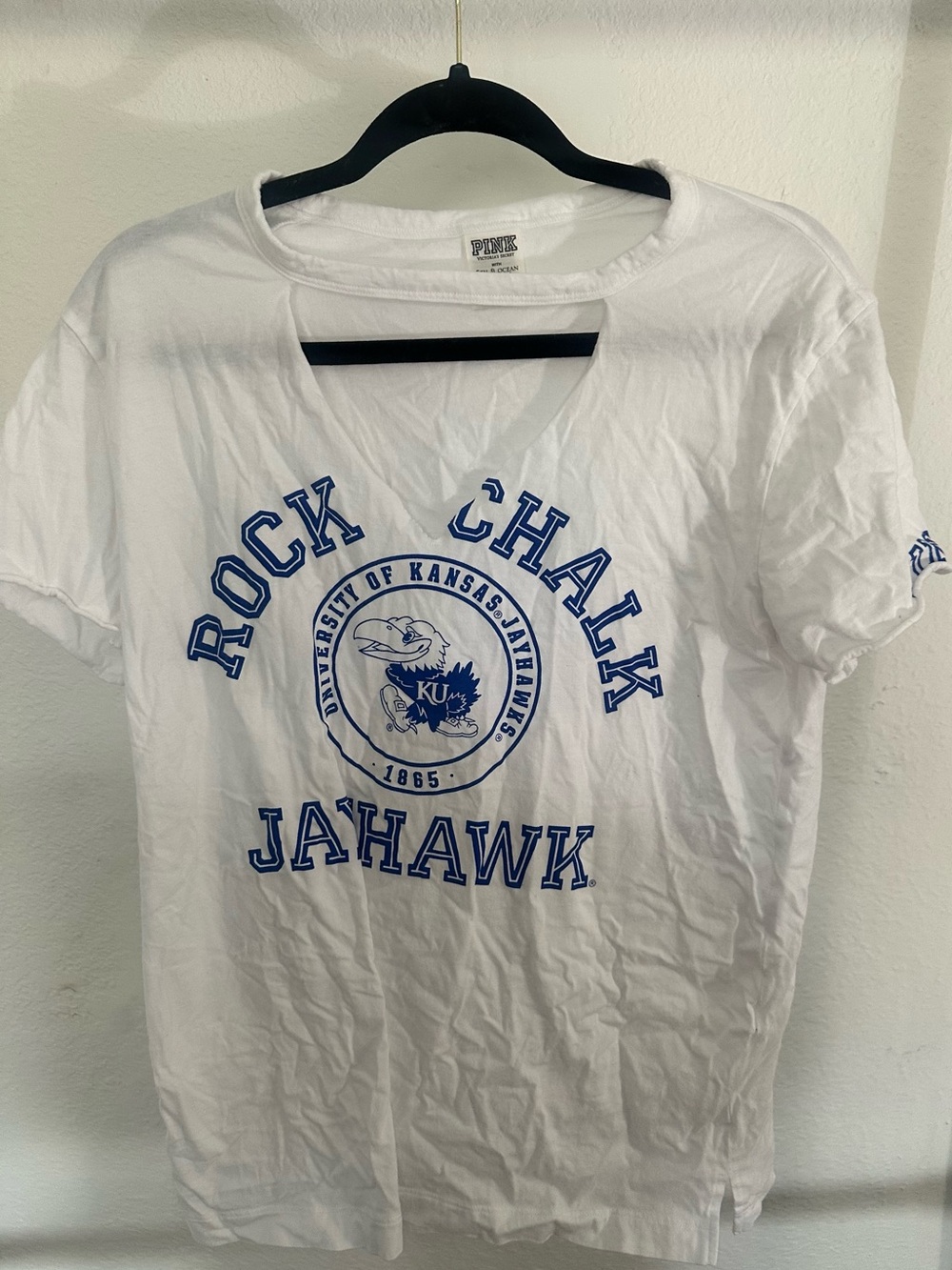 PINK Victoria's Secret White & Royal Blue 'Rock Chalk Jayhawk' Short Sleeve Tee